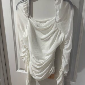 White Ruched Shirt with Mesh Long Sleeves